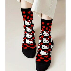 Hello Kitty & Red Hearts Mid-Calf Socks Cute Cartoon Cat Design One Size